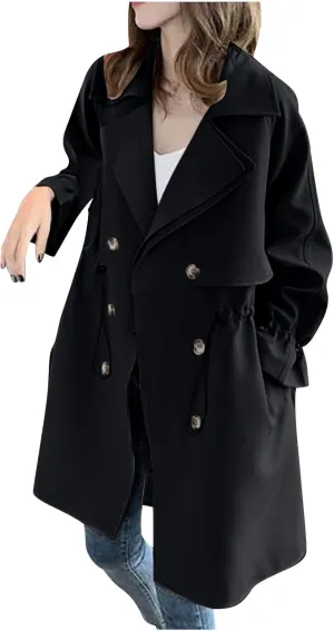 XUNRYAN Women's Classic Trench Coat Long Jackets Layered Notch Lapel Double-Breasted Peacoat Fall Outfit Winter Outerwear