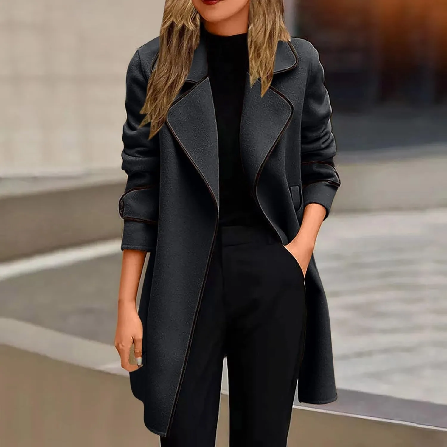 XUNRYAN Womens Trench Coat Long Sleeve Wool-Blend Jackets Notch Lapel Open Front Cardigan Fashion Coatigan Fashion Clothes