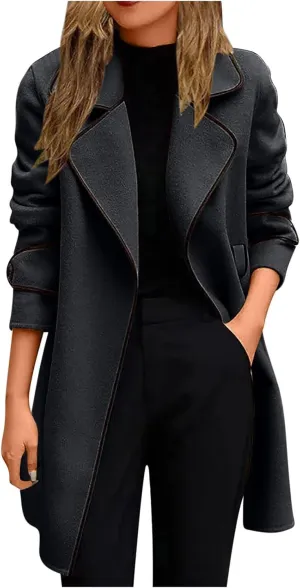 XUNRYAN Womens Trench Coat Long Sleeve Wool-Blend Jackets Notch Lapel Open Front Cardigan Fashion Coatigan Fashion Clothes