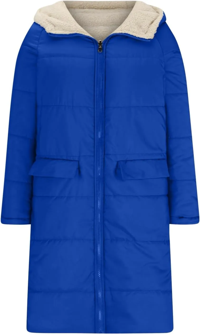 XUNRYAN Womens Winter Sherpa Puffer Jackets Zip Up Long Parka Quilted Lightweight Down Coat Fleece Lined Outdoor Anorak Hood