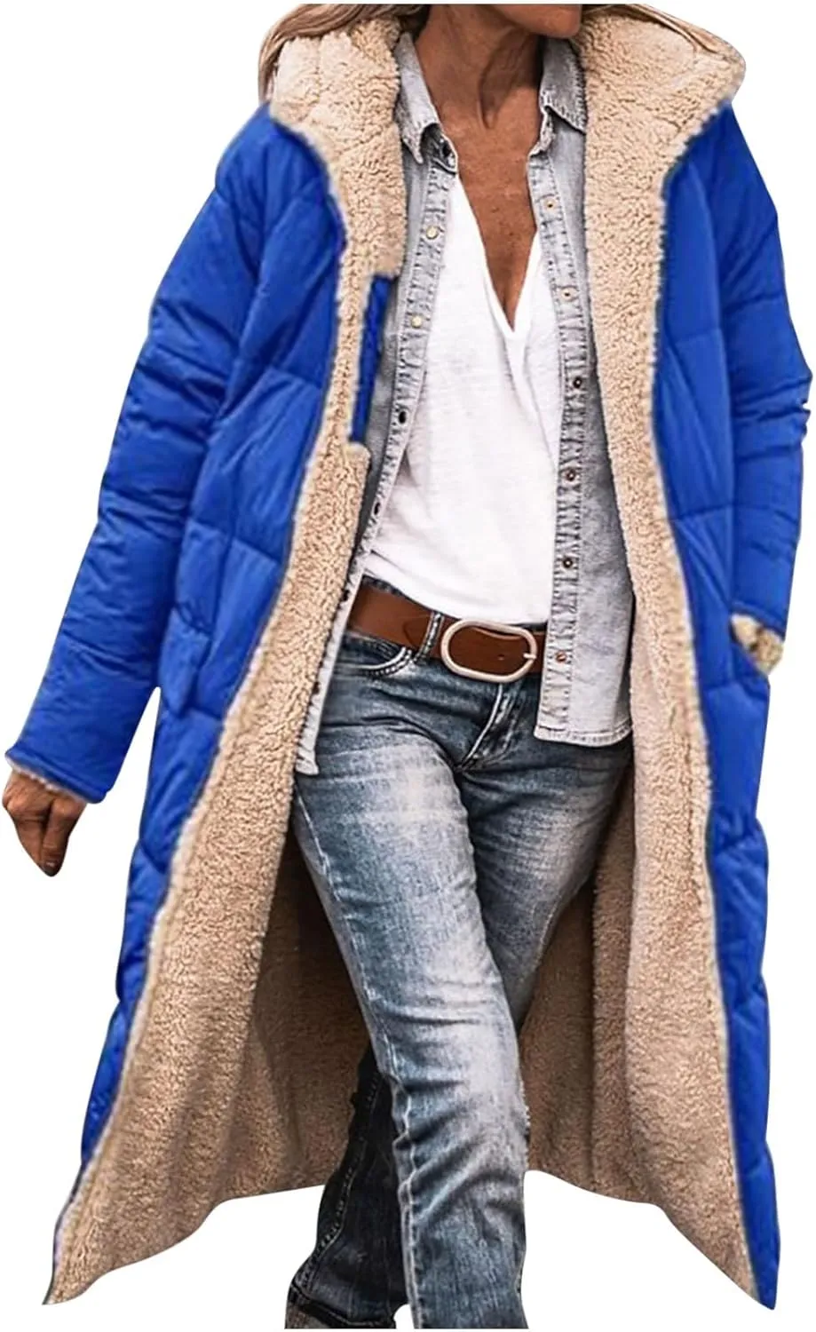 XUNRYAN Womens Winter Sherpa Puffer Jackets Zip Up Long Parka Quilted Lightweight Down Coat Fleece Lined Outdoor Anorak Hood