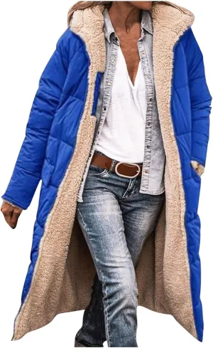 XUNRYAN Womens Winter Sherpa Puffer Jackets Zip Up Long Parka Quilted Lightweight Down Coat Fleece Lined Outdoor Anorak Hood