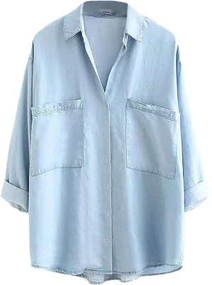 Yimoon Womens Denim Shirt Chambray Blue Button Down Jean Shirt Denim Tops Soft Tencel Casual 3/4 Sleeve Jacket
