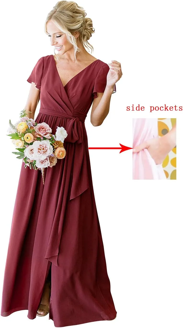YMSHA Women's Short Sleeve Bridesmaid Dresses with Slit 2025 V Neck Pleated Formal Party Dress YMS159