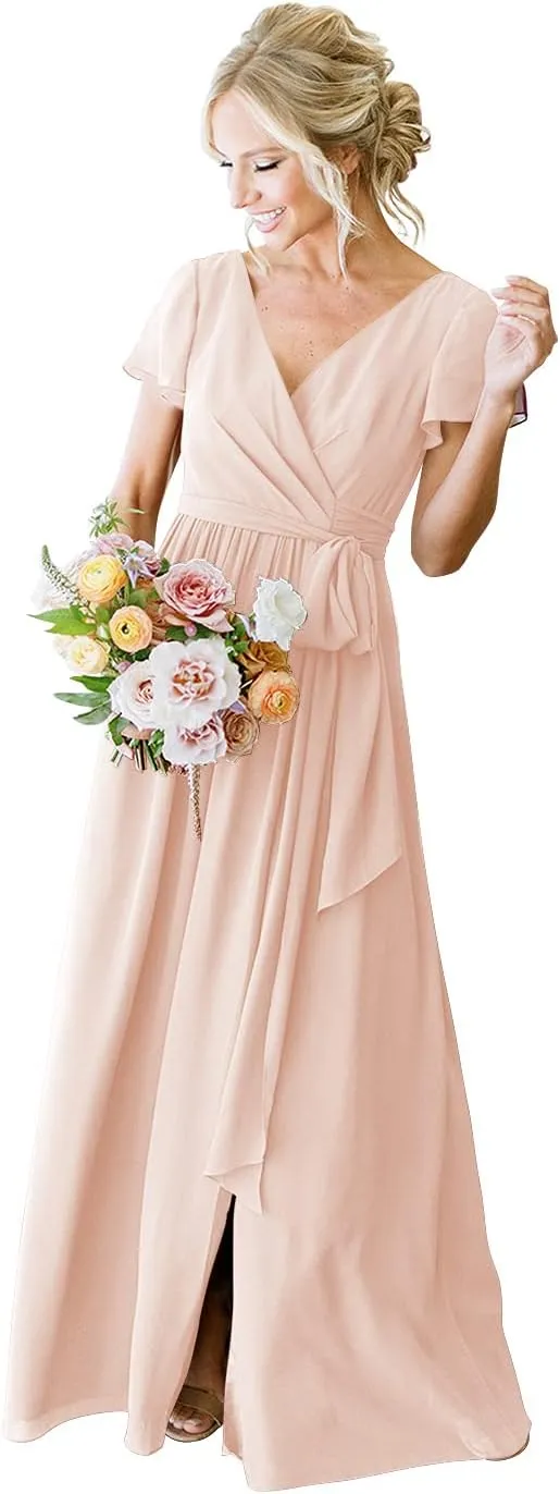 YMSHA Women's Short Sleeve Bridesmaid Dresses with Slit 2025 V Neck Pleated Formal Party Dress YMS159