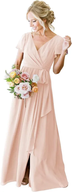 YMSHA Women's Short Sleeve Bridesmaid Dresses with Slit 2025 V Neck Pleated Formal Party Dress YMS159