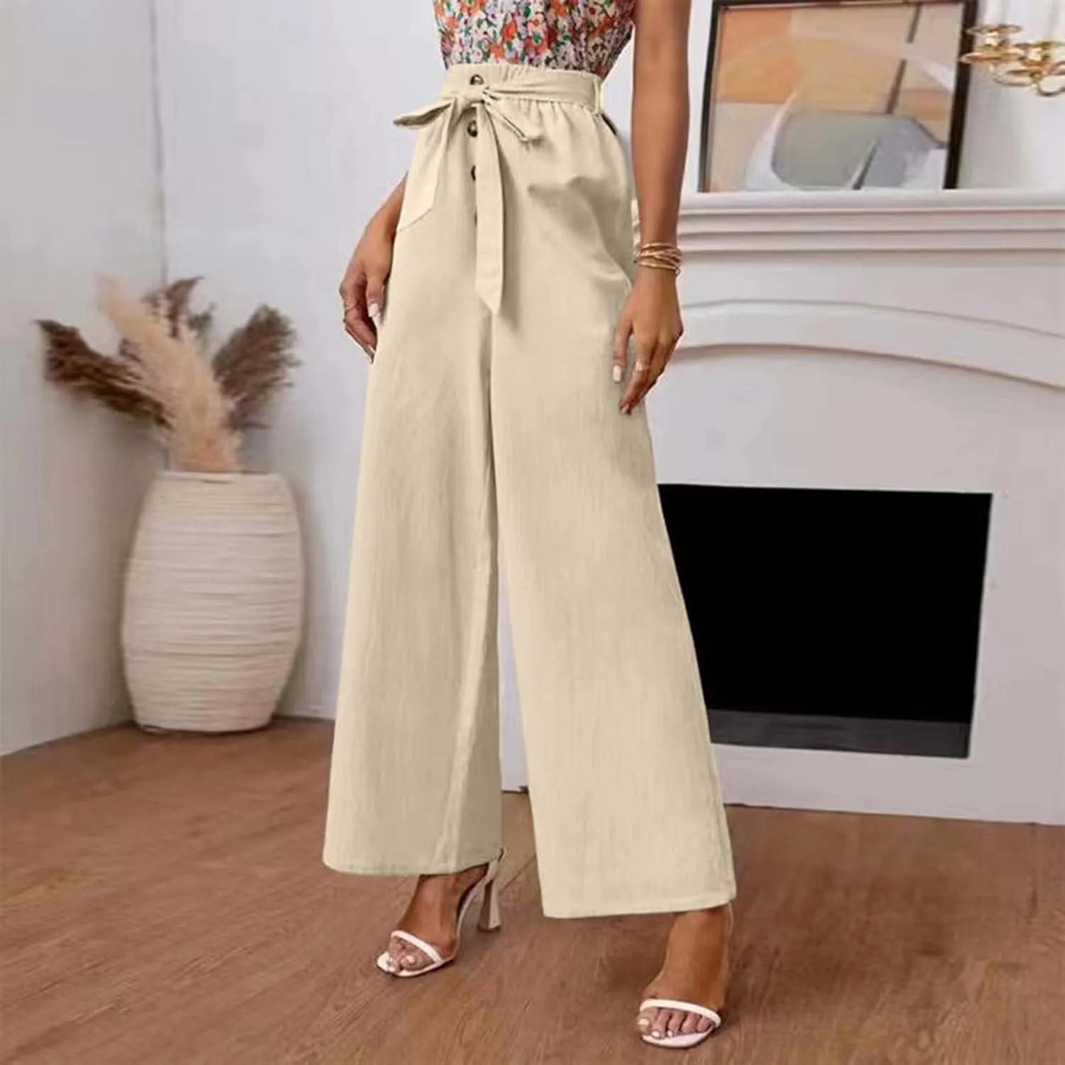 YOLAI Womens Button Down Cotton Linen Pant High Waist Casual Business Work Trousers Summer Lightweight Wide Leg Trousers