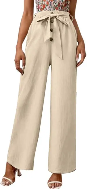 YOLAI Womens Button Down Cotton Linen Pant High Waist Casual Business Work Trousers Summer Lightweight Wide Leg Trousers