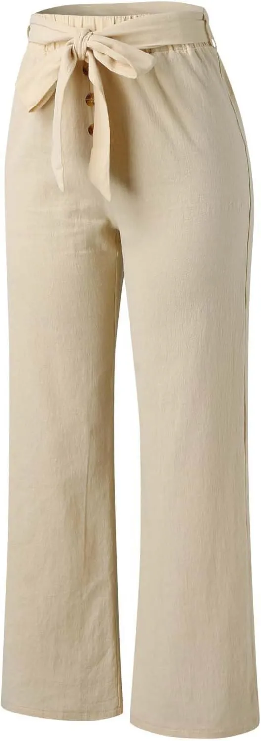 YOLAI Womens Button Down Cotton Linen Pant High Waist Casual Business Work Trousers Summer Lightweight Wide Leg Trousers