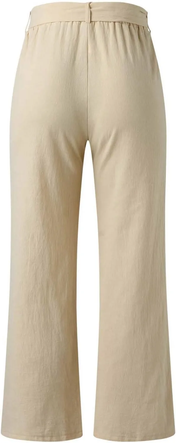 YOLAI Womens Button Down Cotton Linen Pant High Waist Casual Business Work Trousers Summer Lightweight Wide Leg Trousers