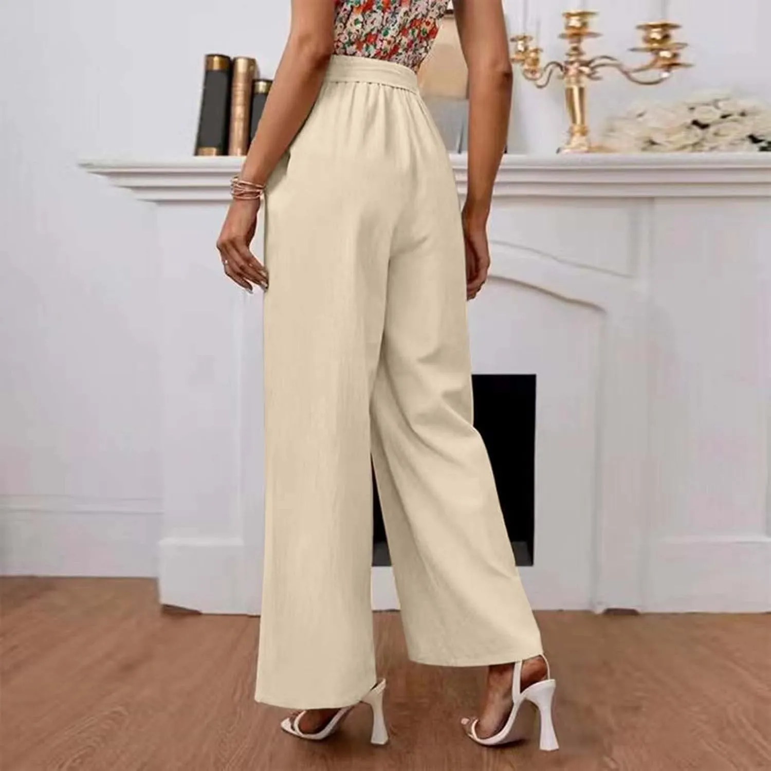 YOLAI Womens Button Down Cotton Linen Pant High Waist Casual Business Work Trousers Summer Lightweight Wide Leg Trousers