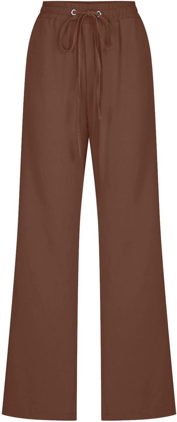YRAETENM Cotton Linen Pants for Women Summer Loose Fit Elastic Waist Solid Lounge Trousers Casual Comfy Beach Travel Clothes