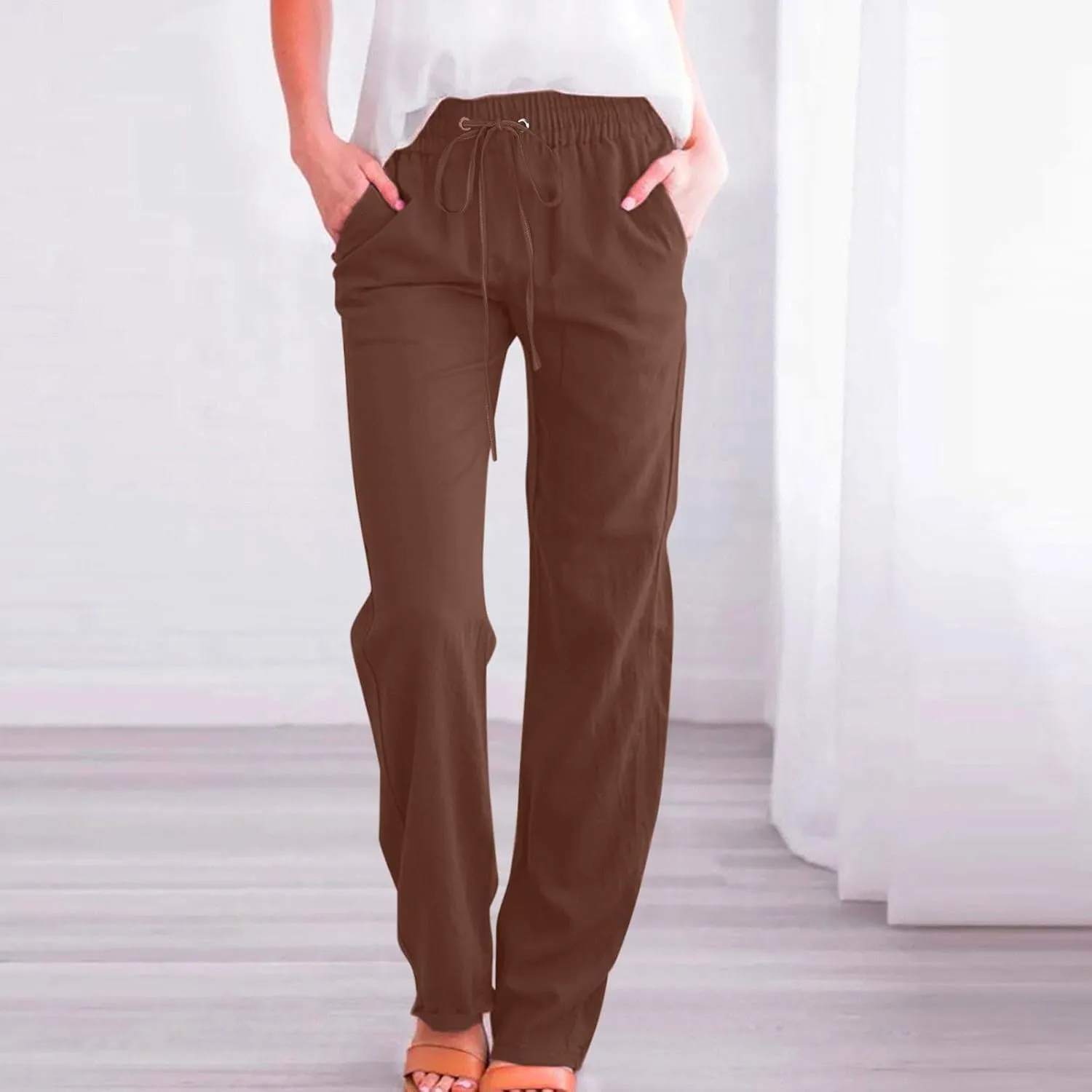 YRAETENM Cotton Linen Pants for Women Summer Loose Fit Elastic Waist Solid Lounge Trousers Casual Comfy Beach Travel Clothes