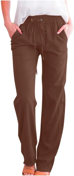 YRAETENM Cotton Linen Pants for Women Summer Loose Fit Elastic Waist Solid Lounge Trousers Casual Comfy Beach Travel Clothes