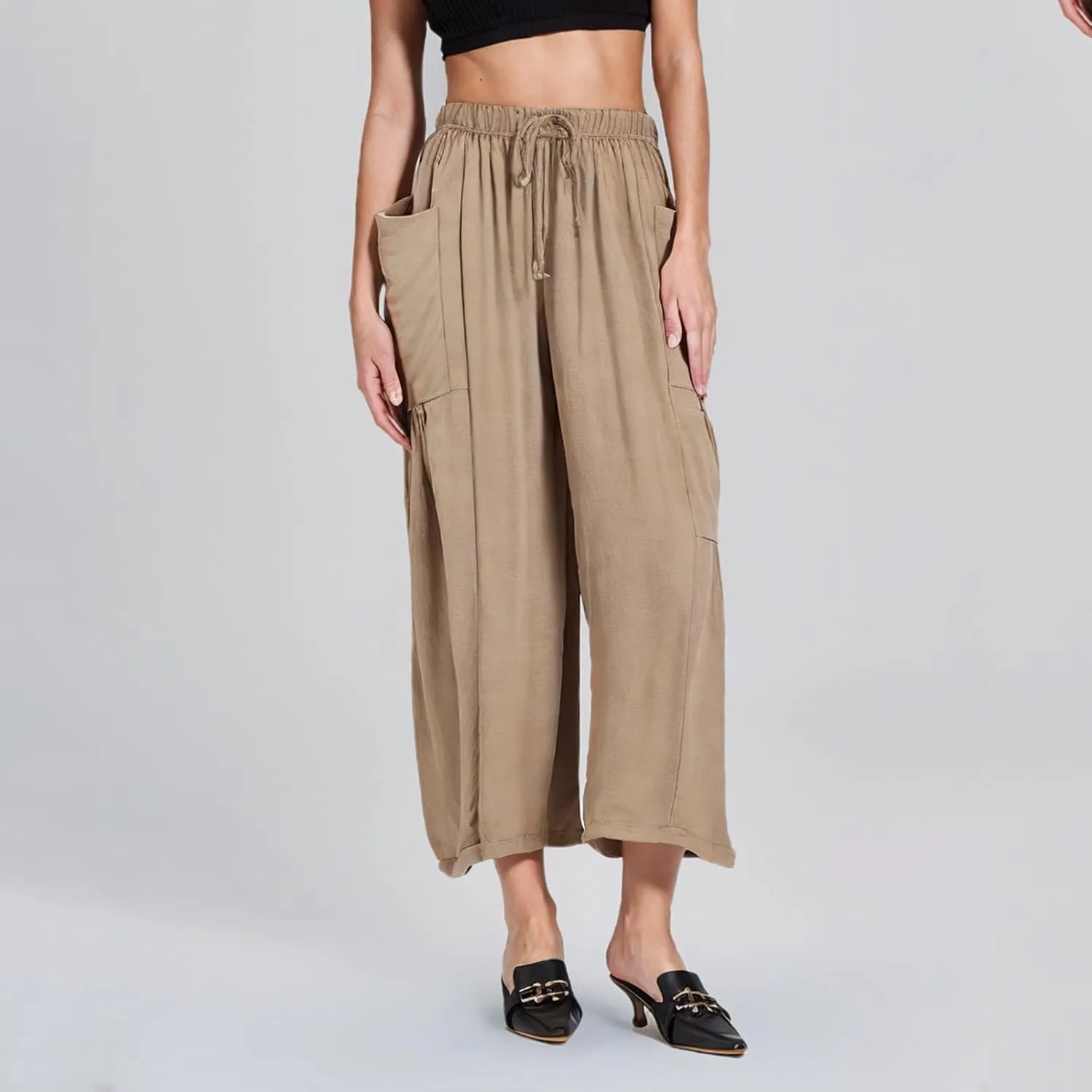 YRAETENM Women Linen Baggy Harem Pants Summer Drawstring High Waist Wide Leg Pants Loose Flowy Casual Palazzo Lounge Trousers