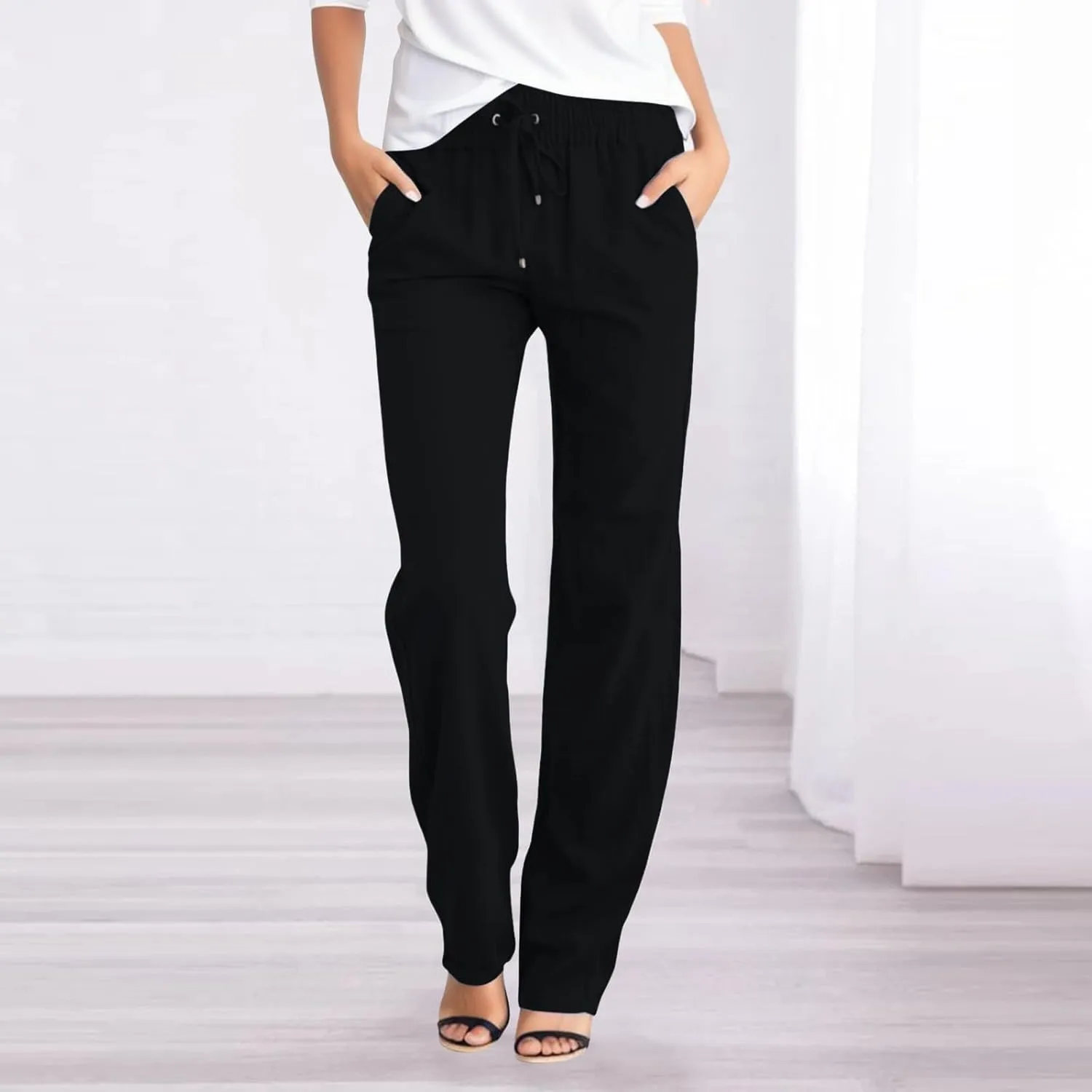 YRAETENM Womens Casual Cotton Linen Pants Summer Lightweight Loose Fit Elastic Waist Trousers Plus Size Lounge Long Trousers
