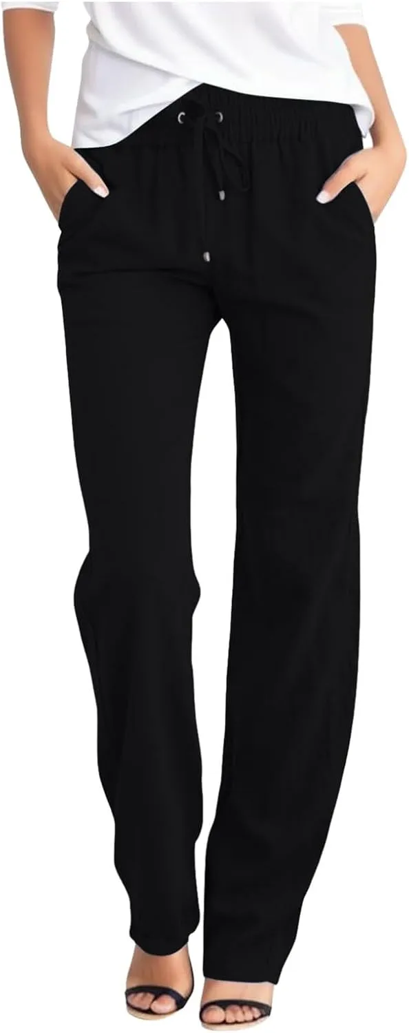 YRAETENM Womens Casual Cotton Linen Pants Summer Lightweight Loose Fit Elastic Waist Trousers Plus Size Lounge Long Trousers