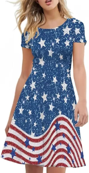 Yuuxorilu Women's Summer Floral Knee Length Sundress Casual Short Sleeve Swing Dress