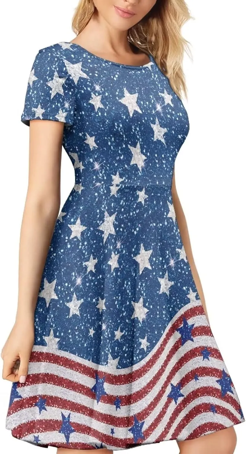Yuuxorilu Women's Summer Floral Knee Length Sundress Casual Short Sleeve Swing Dress