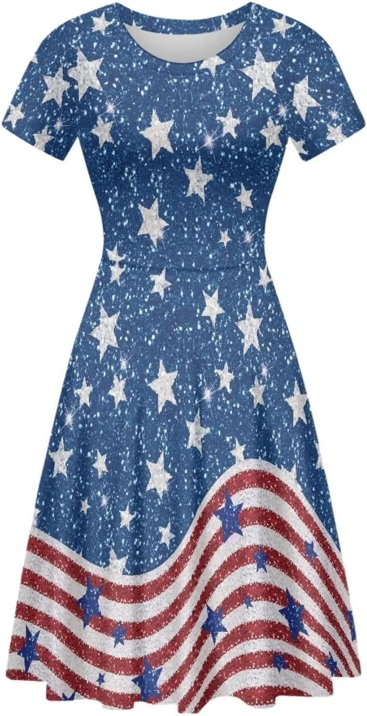 Yuuxorilu Women's Summer Floral Knee Length Sundress Casual Short Sleeve Swing Dress
