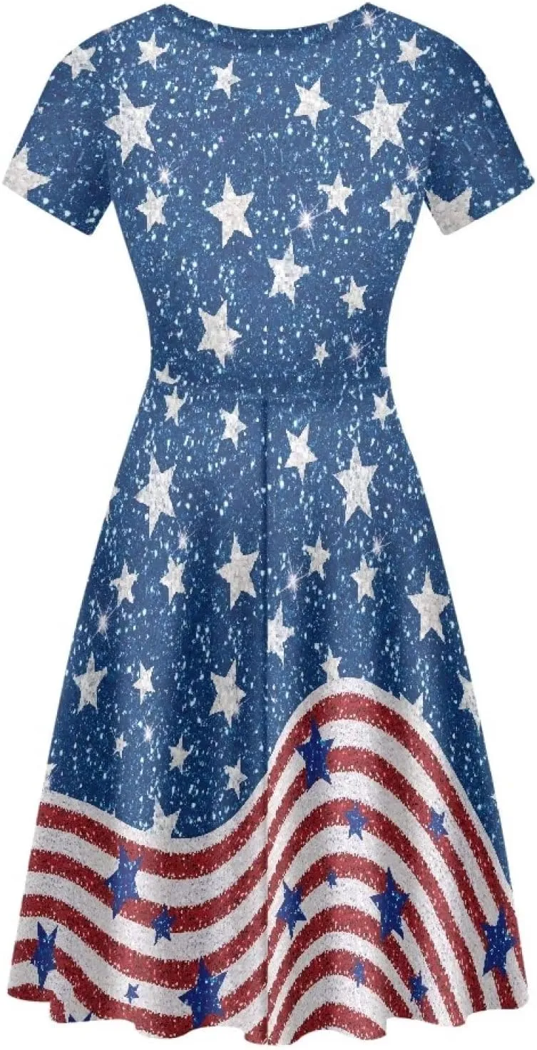 Yuuxorilu Women's Summer Floral Knee Length Sundress Casual Short Sleeve Swing Dress