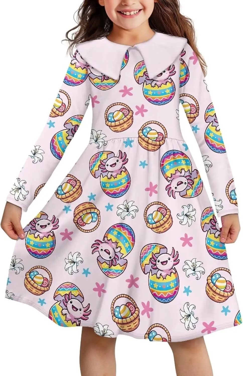 Yzaoxia Easter Girl Long Sleeve Short Dress Collared Dresses Midi Sundress A-Line One Piece Sundresses Ruffle 3-14Y