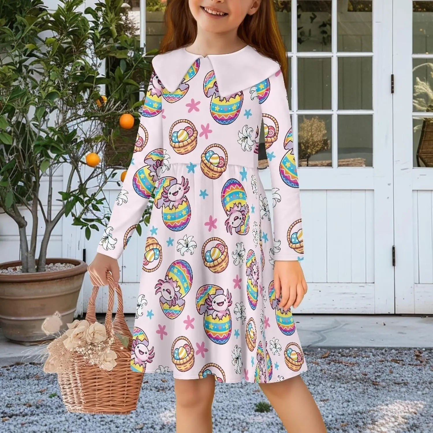 Yzaoxia Easter Girl Long Sleeve Short Dress Collared Dresses Midi Sundress A-Line One Piece Sundresses Ruffle 3-14Y