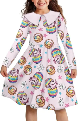 Yzaoxia Easter Girl Long Sleeve Short Dress Collared Dresses Midi Sundress A-Line One Piece Sundresses Ruffle 3-14Y