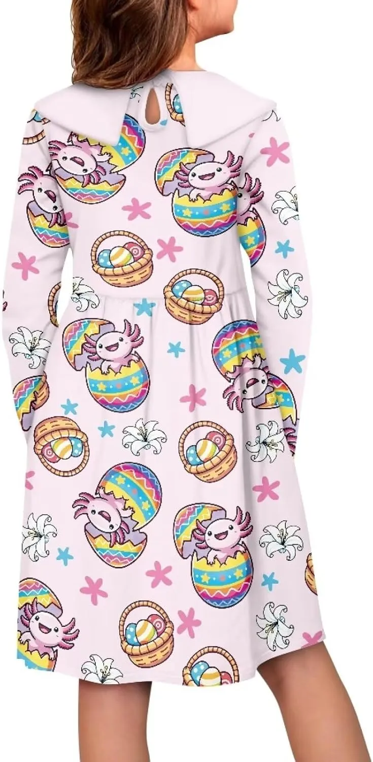 Yzaoxia Easter Girl Long Sleeve Short Dress Collared Dresses Midi Sundress A-Line One Piece Sundresses Ruffle 3-14Y