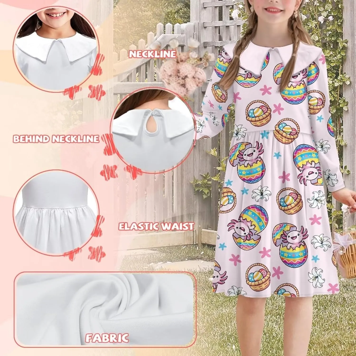 Yzaoxia Easter Girl Long Sleeve Short Dress Collared Dresses Midi Sundress A-Line One Piece Sundresses Ruffle 3-14Y