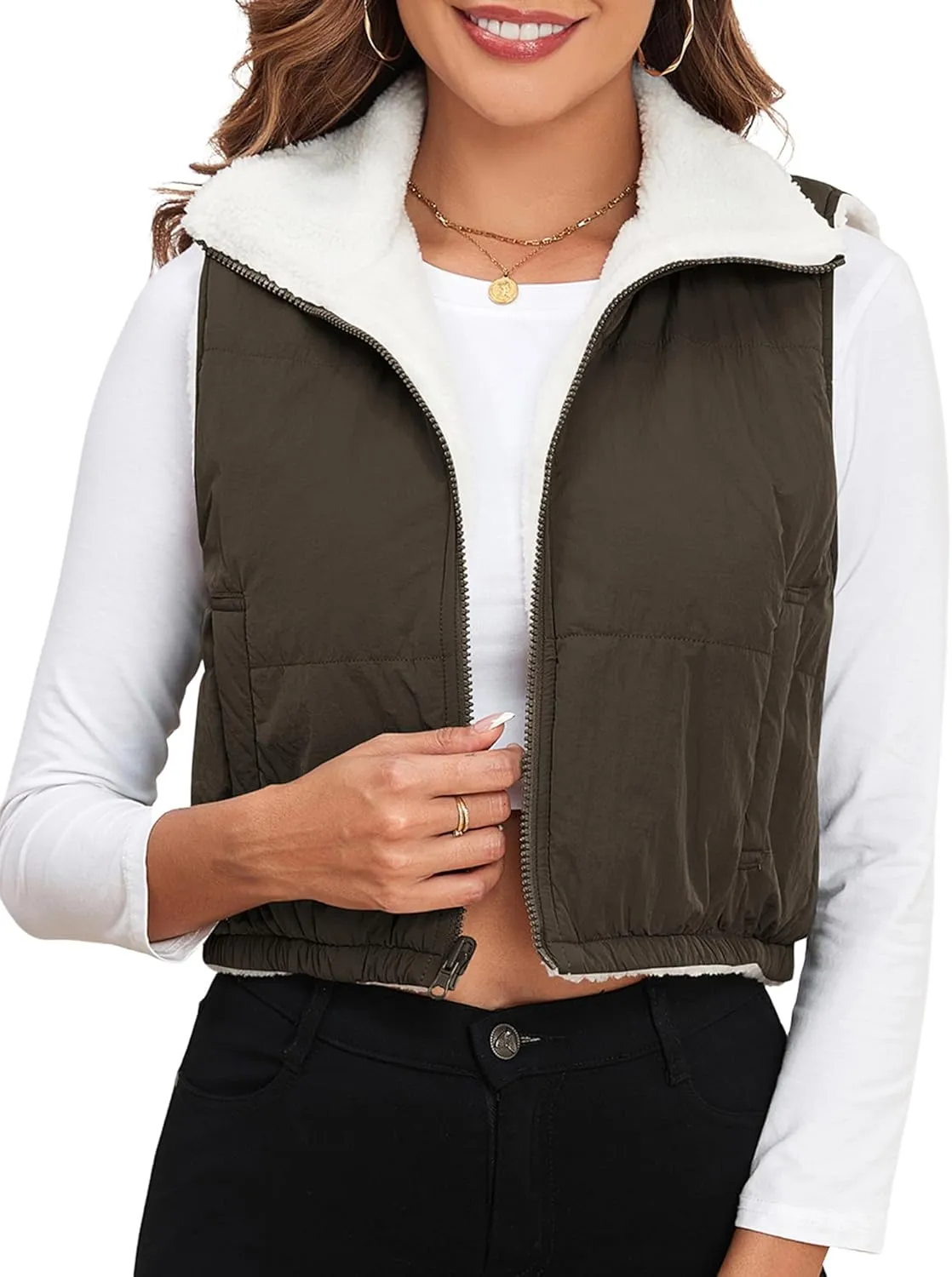 ZAFUL Women's 2024 Fleece Cropped Vest Sleeveless Zip Up Reversible Lightweight Jacket Sherpa Winter Puffer Coat Outerwear