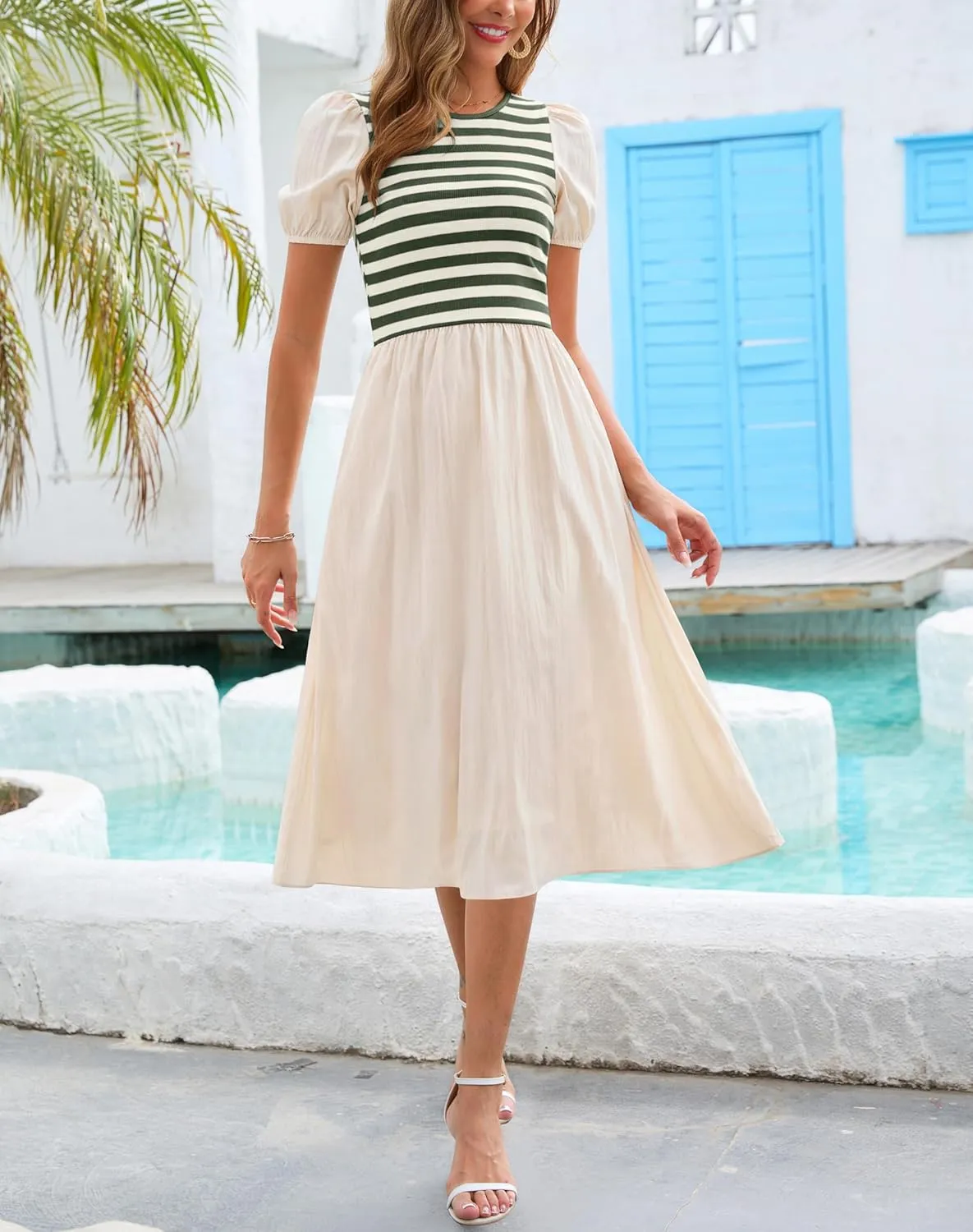 Zattcas Womens 2025 Summer Casual Ribbed Midi Dress Crewneck Short Puff Sleeve Striped Fit and Flare Flowy Dress with Pockets