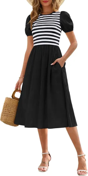Zattcas Womens 2025 Summer Casual Ribbed Midi Dress Crewneck Short Puff Sleeve Striped Fit and Flare Flowy Dress with Pockets