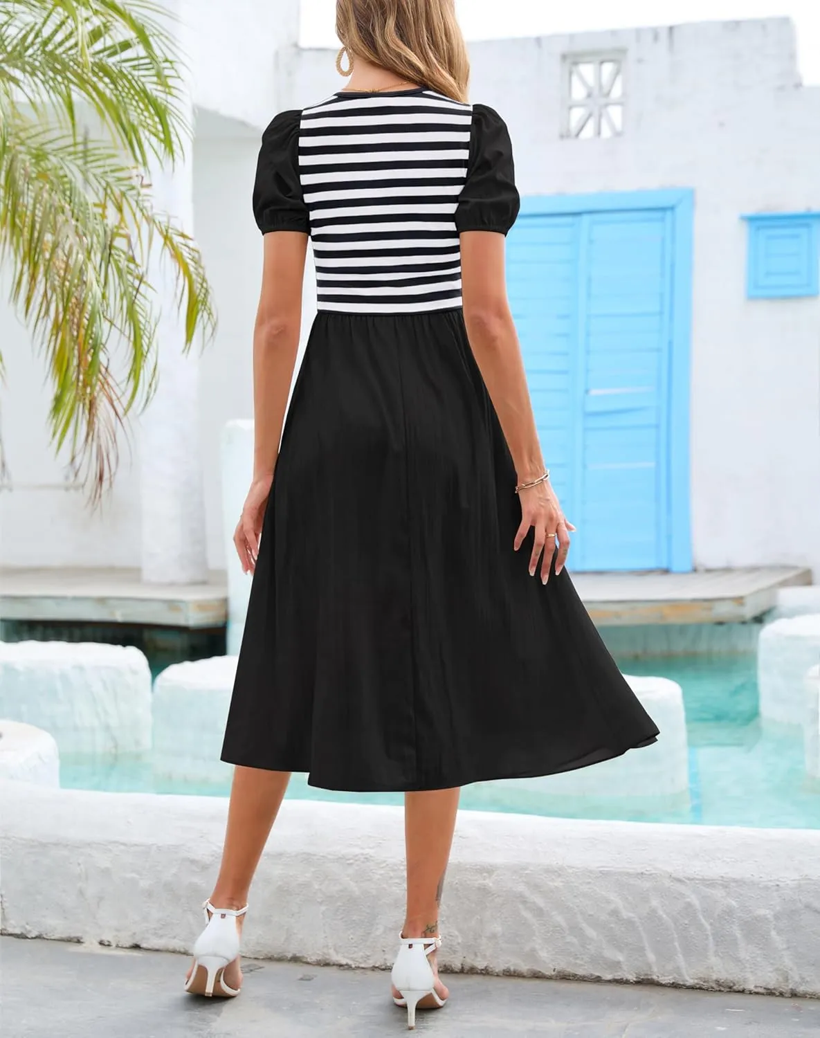 Zattcas Womens 2025 Summer Casual Ribbed Midi Dress Crewneck Short Puff Sleeve Striped Fit and Flare Flowy Dress with Pockets