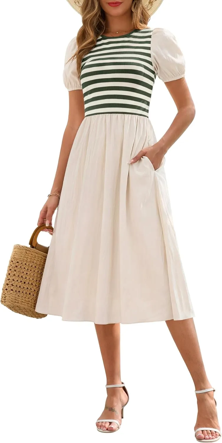 Zattcas Womens 2025 Summer Casual Ribbed Midi Dress Crewneck Short Puff Sleeve Striped Fit and Flare Flowy Dress with Pockets