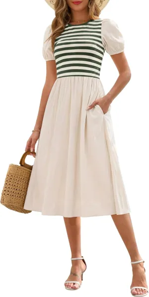 Zattcas Womens 2025 Summer Casual Ribbed Midi Dress Crewneck Short Puff Sleeve Striped Fit and Flare Flowy Dress with Pockets
