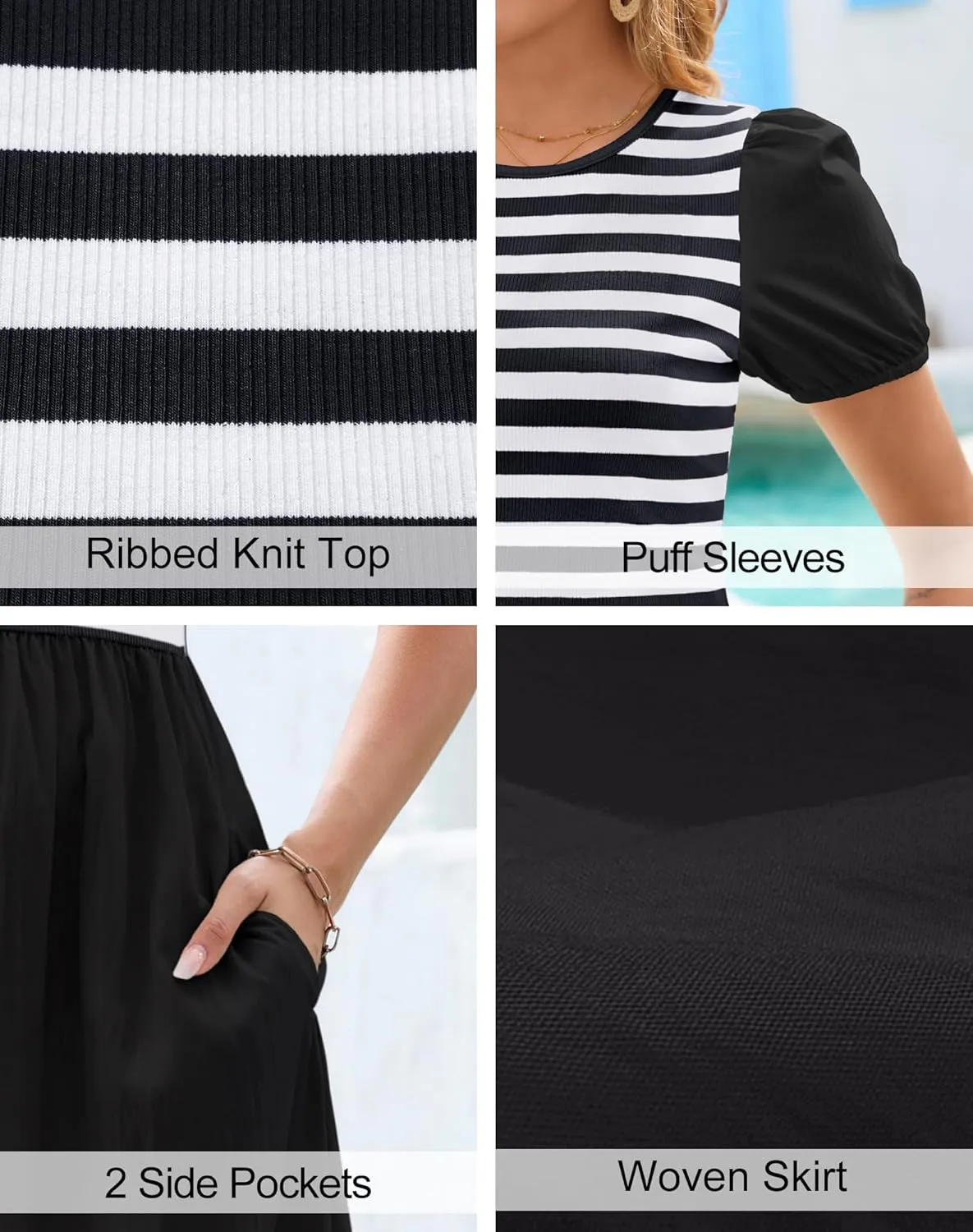 Zattcas Womens 2025 Summer Casual Ribbed Midi Dress Crewneck Short Puff Sleeve Striped Fit and Flare Flowy Dress with Pockets
