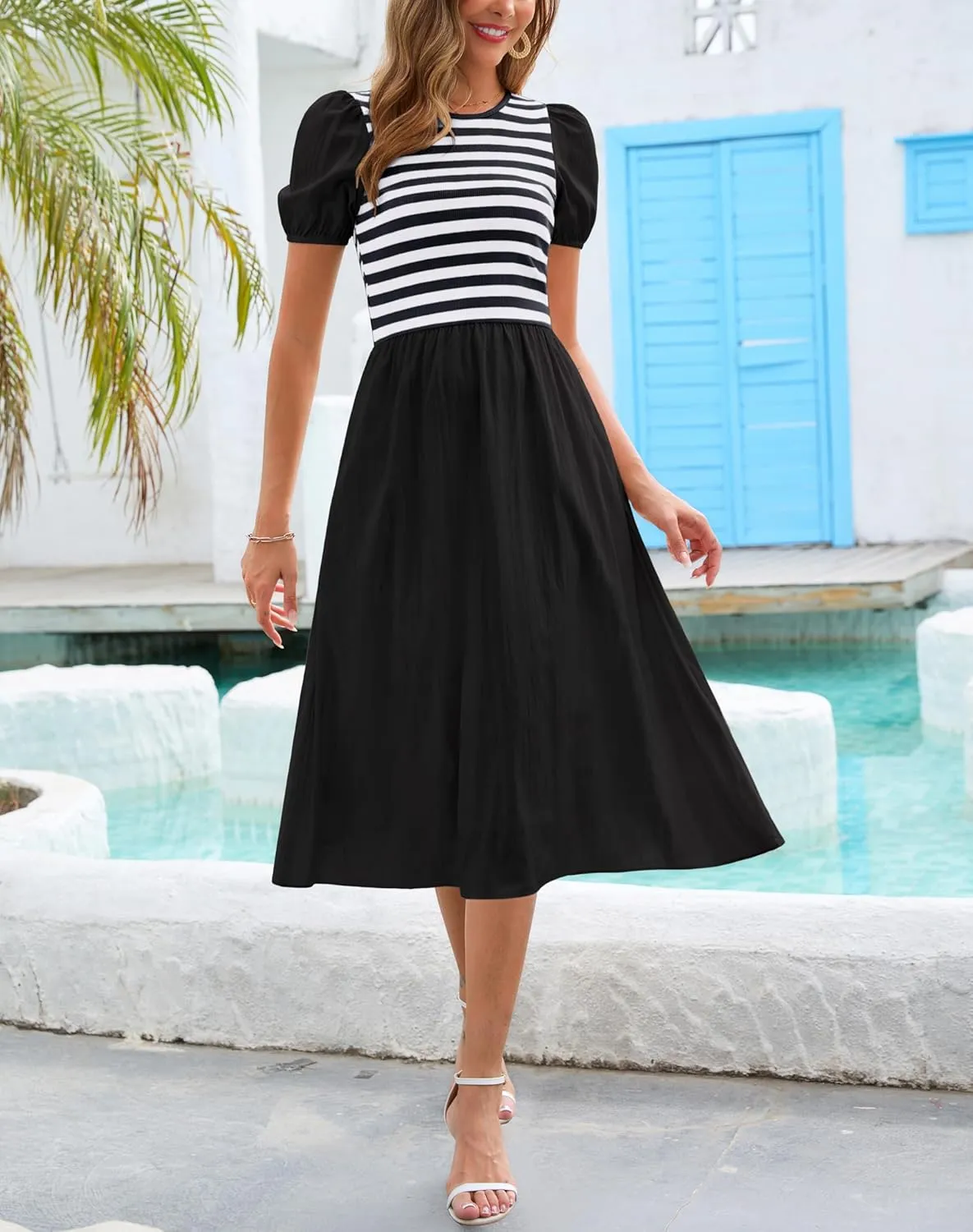 Zattcas Womens 2025 Summer Casual Ribbed Midi Dress Crewneck Short Puff Sleeve Striped Fit and Flare Flowy Dress with Pockets