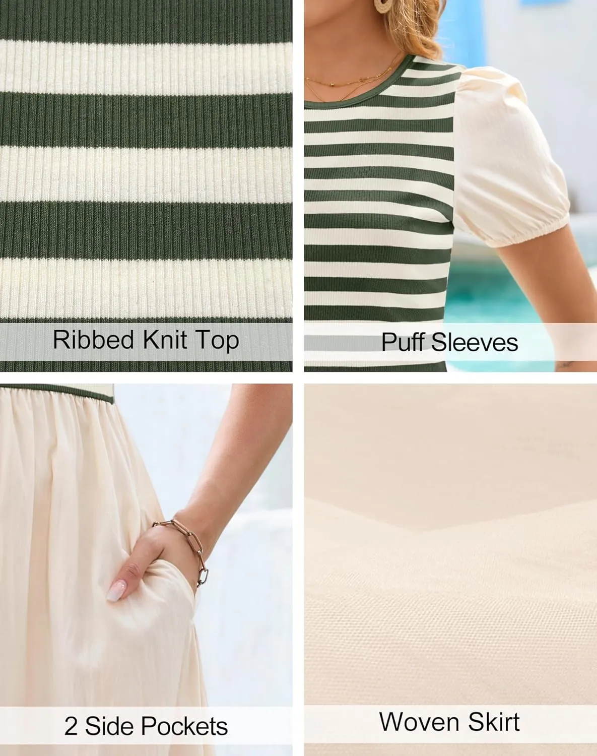 Zattcas Womens 2025 Summer Casual Ribbed Midi Dress Crewneck Short Puff Sleeve Striped Fit and Flare Flowy Dress with Pockets