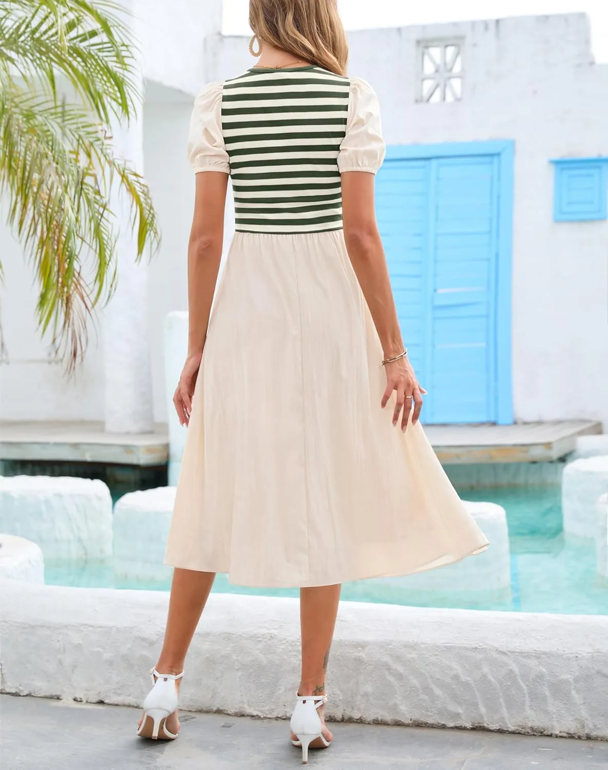Zattcas Womens 2025 Summer Casual Ribbed Midi Dress Crewneck Short Puff Sleeve Striped Fit and Flare Flowy Dress with Pockets