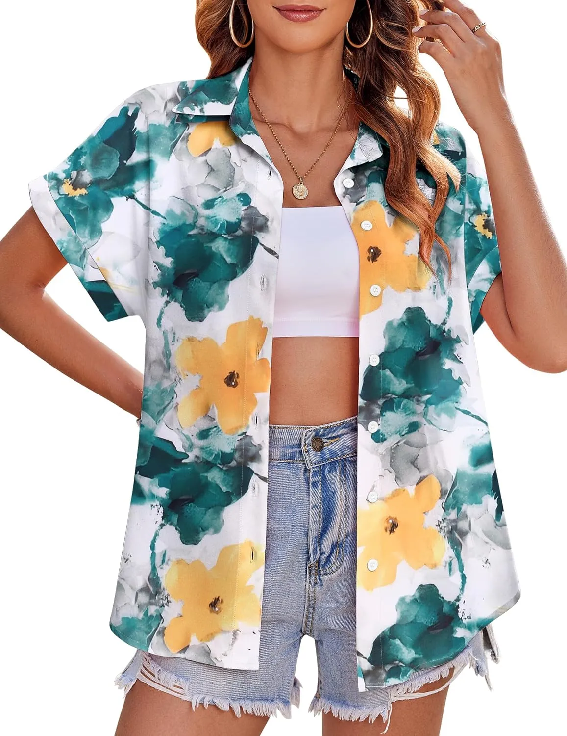 Zeagoo Women's Hawaiian Button Down Shirts Casual Short Sleeve Floral Tropical Print Summer Blouse Tunic Top