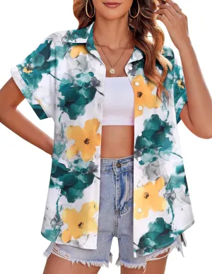 Zeagoo Women's Hawaiian Button Down Shirts Casual Short Sleeve Floral Tropical Print Summer Blouse Tunic Top