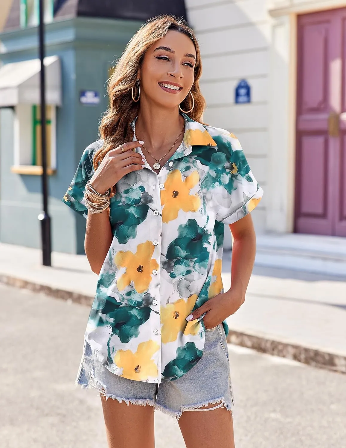 Zeagoo Women's Hawaiian Button Down Shirts Casual Short Sleeve Floral Tropical Print Summer Blouse Tunic Top
