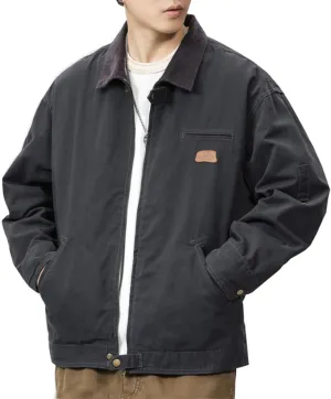 Zeiyignr Men's Lightweight Trucker Jacket Casual Cotton Work Jackets Turn-Down Collar Cargo Jacket Full Zip Coat with Pockets