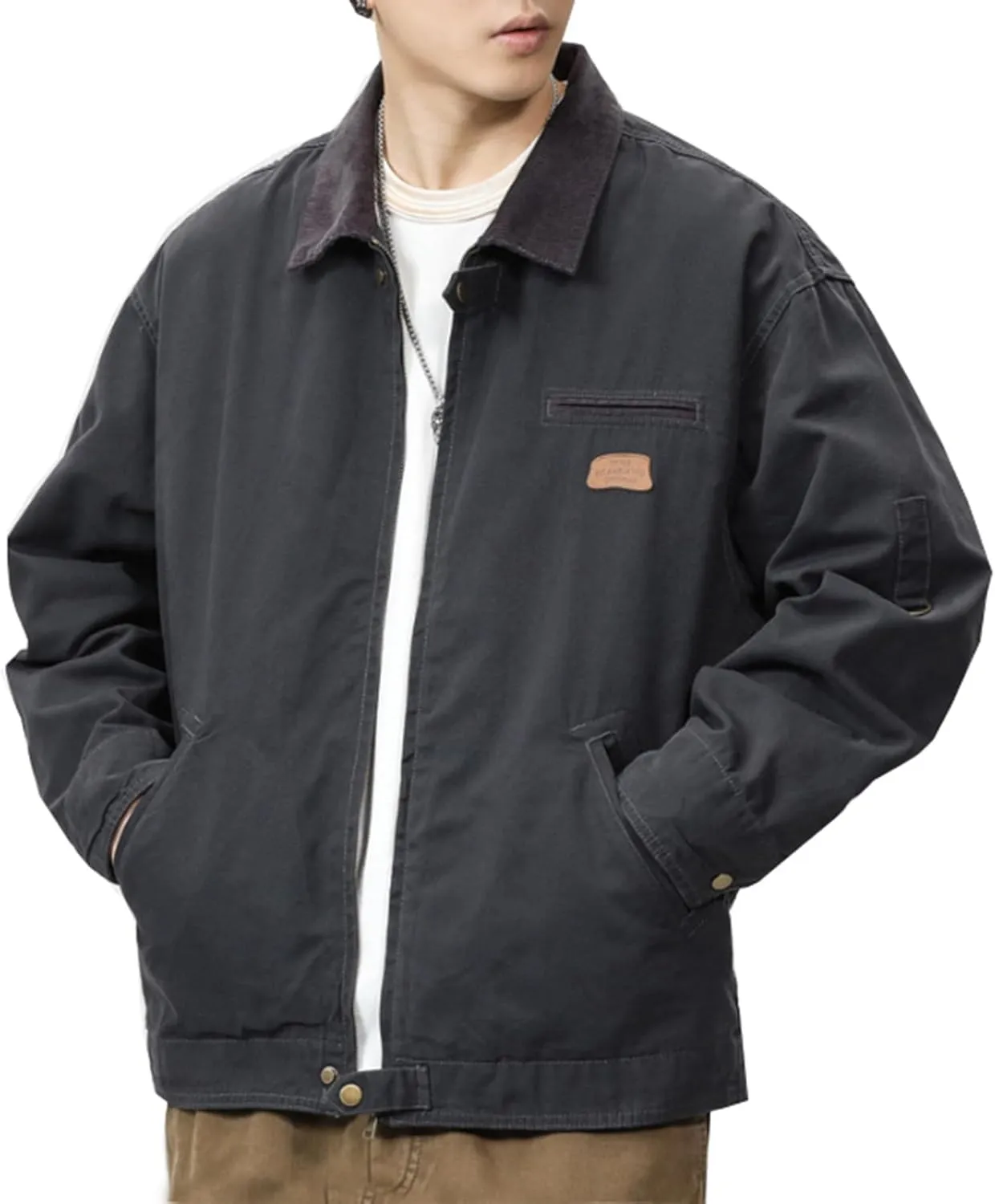 Zeiyignr Men's Lightweight Trucker Jacket Casual Cotton Work Jackets Turn-Down Collar Cargo Jacket Full Zip Coat with Pockets