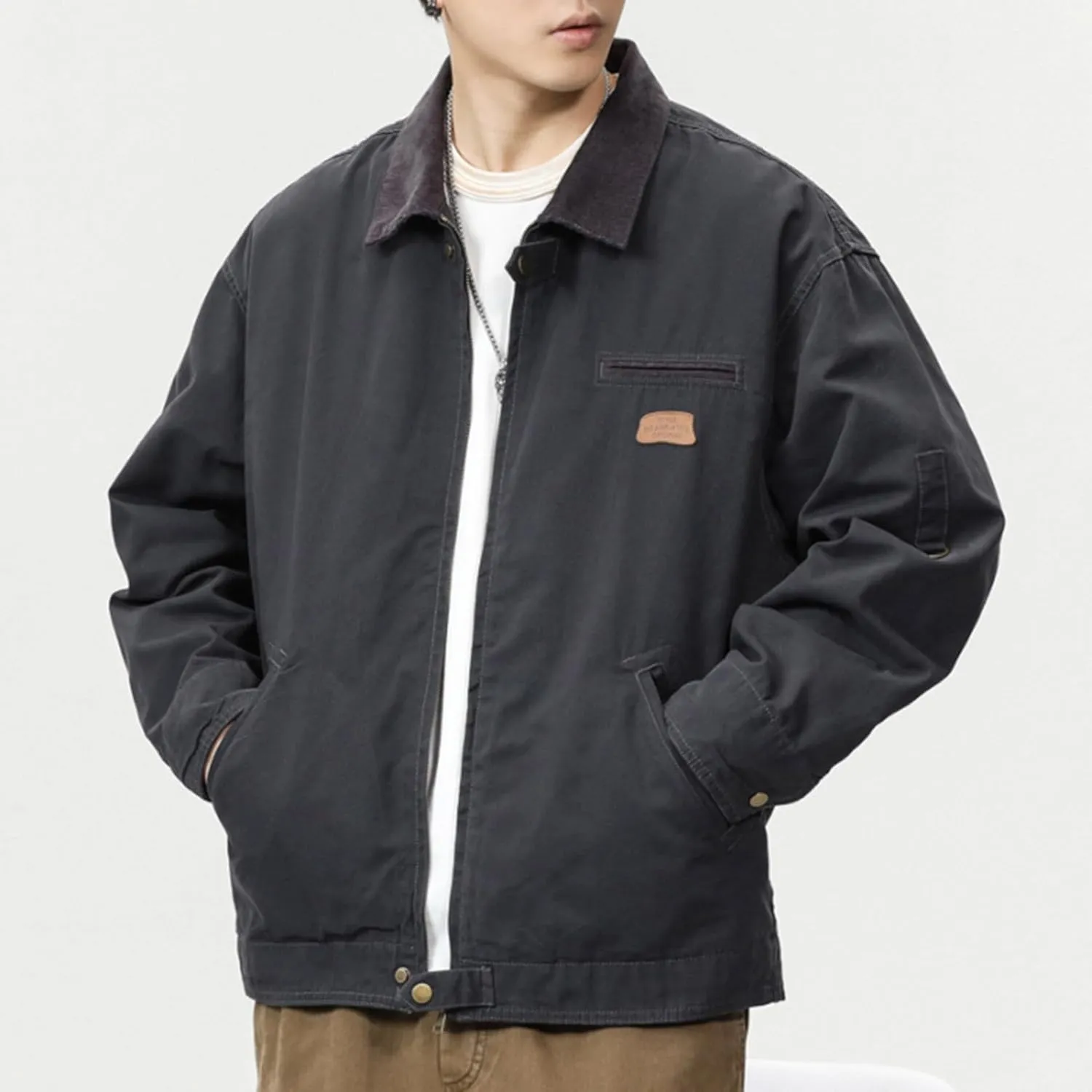 Zeiyignr Men's Lightweight Trucker Jacket Casual Cotton Work Jackets Turn-Down Collar Cargo Jacket Full Zip Coat with Pockets
