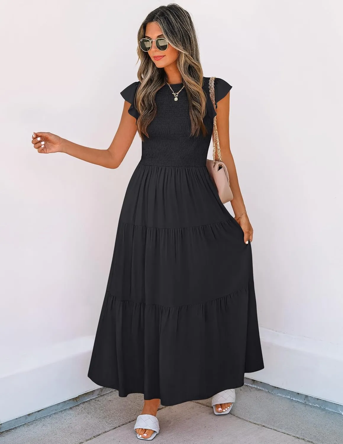 ZESICA Women's 2025 Summer Casual Flutter Short Sleeve Crew Neck Smocked Elastic Waist Tiered Midi Dress