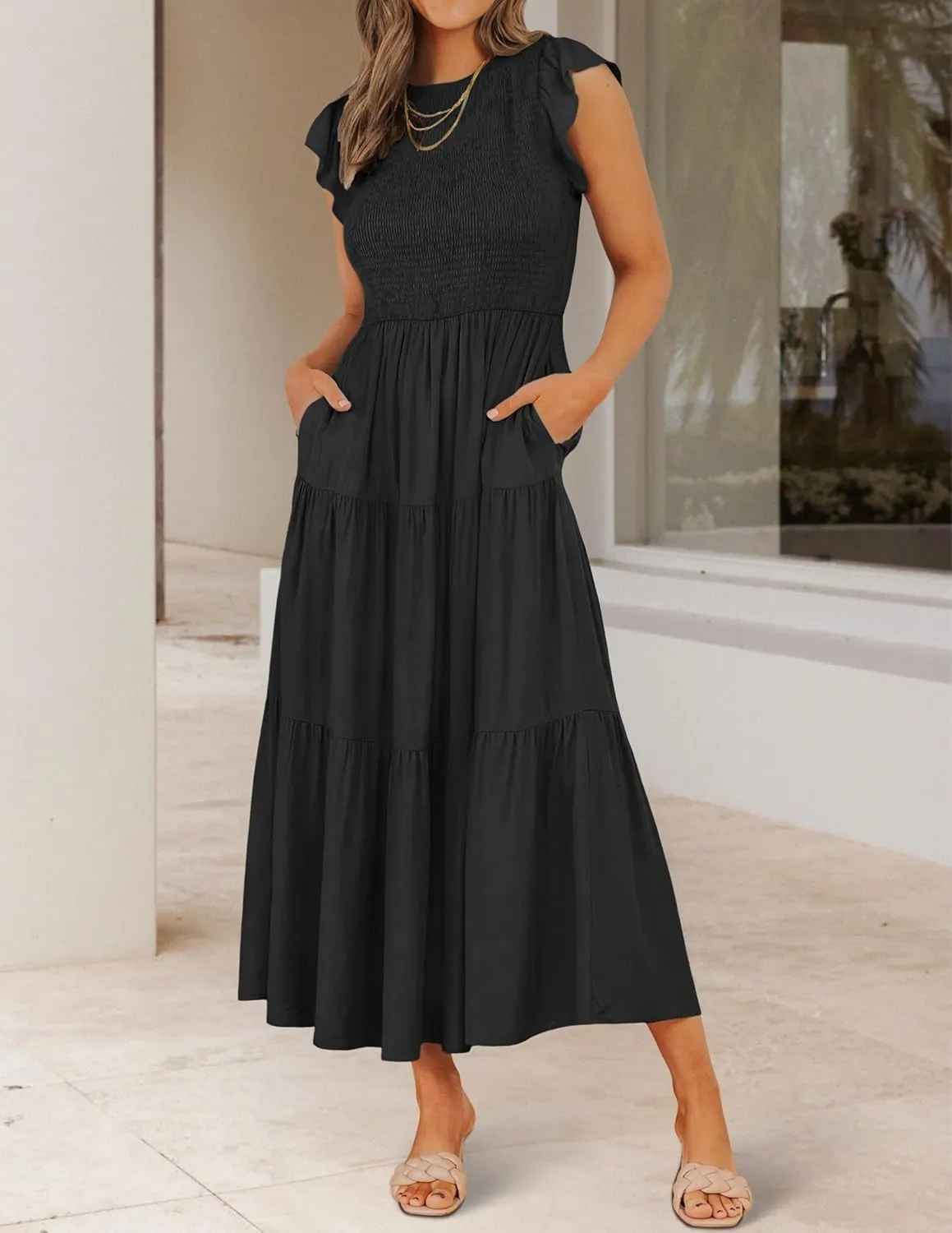ZESICA Women's 2025 Summer Casual Flutter Short Sleeve Crew Neck Smocked Elastic Waist Tiered Midi Dress