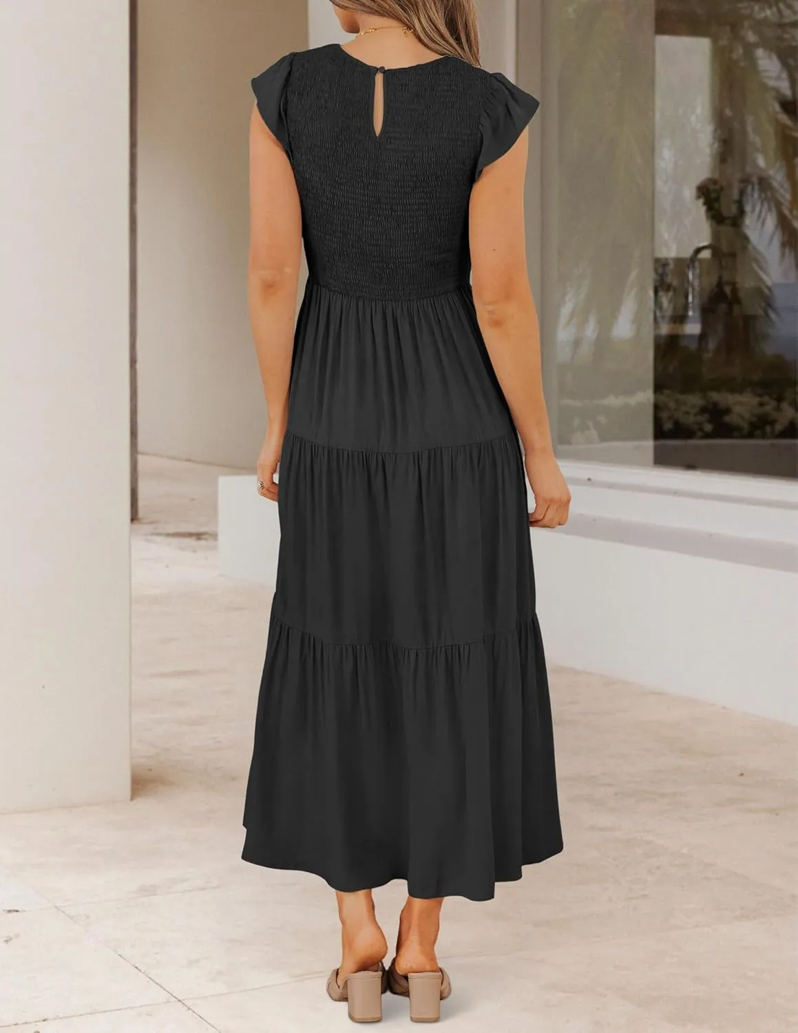 ZESICA Women's 2025 Summer Casual Flutter Short Sleeve Crew Neck Smocked Elastic Waist Tiered Midi Dress