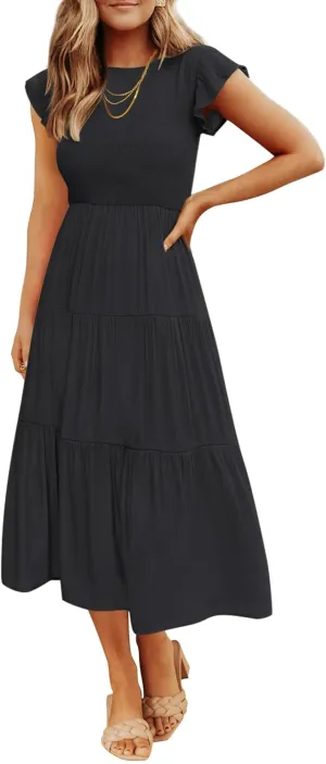 ZESICA Women's 2025 Summer Casual Flutter Short Sleeve Crew Neck Smocked Elastic Waist Tiered Midi Dress